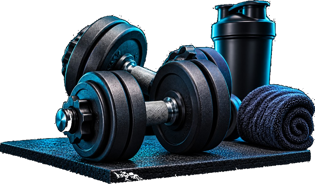 Dumbbells, a shaker and a rolled towel